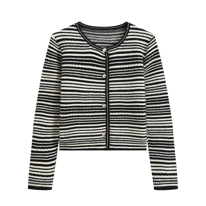 Damen gestreifte Kurzstrickjacke mit Rundhals und dekorativen Knöpfen Drune