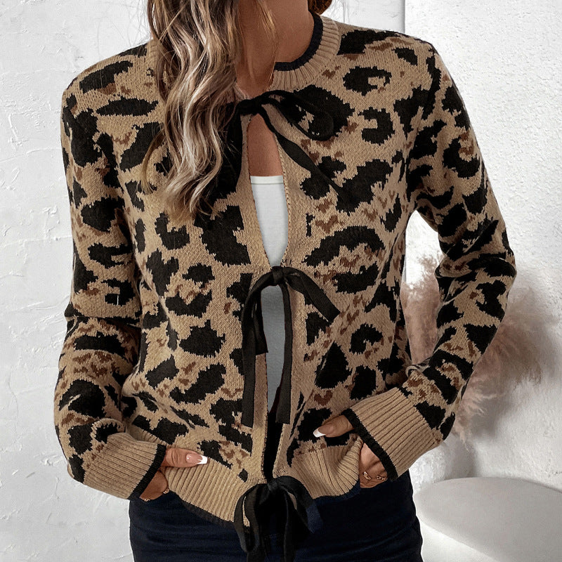 Damen Leopardmuster Strickcardigan mit Bindeschleifen und gerippten Bündchen Drune