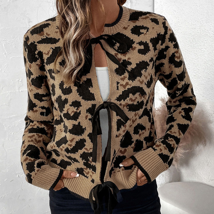 Damen Leopardmuster Strickcardigan mit Bindeschleifen und gerippten Bündchen Drune