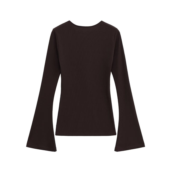 Damen Figurbetontes Rippshirt mit Carmenausschnitt und ausgestellten Schlagärmeln Drune