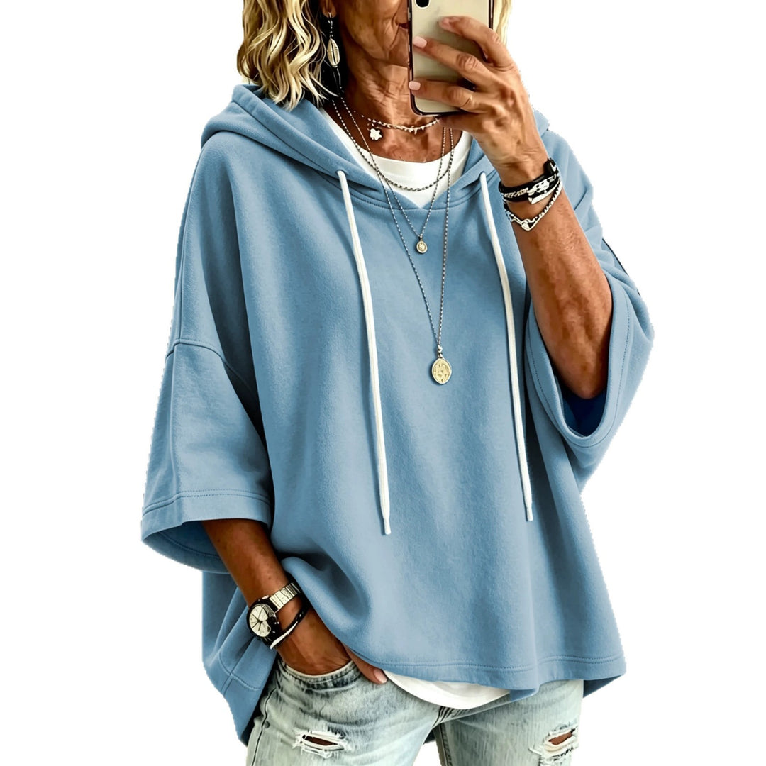 Damen Kurzarm-Oversize-Hoodie mit Kapuze und Kontrastkordel Drune
