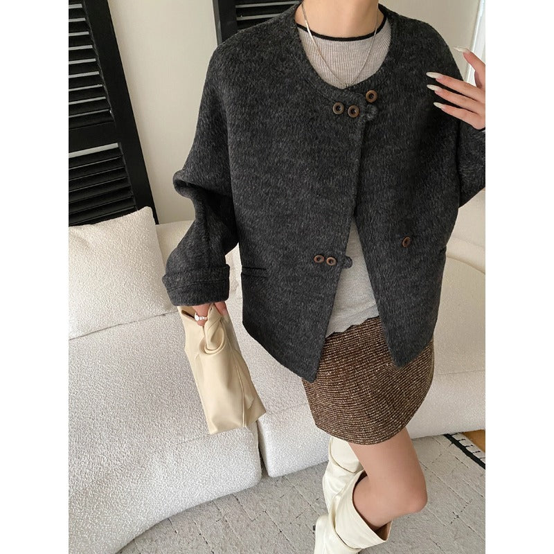 Damen kuschelige Oversized-Jacke aus hochwertigem Wollmix mit Knopfdetails Drune