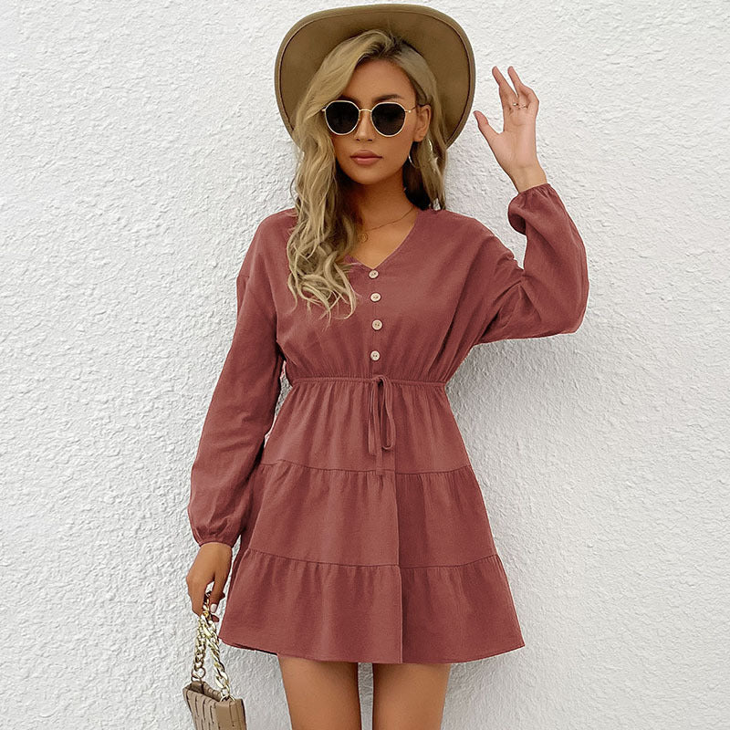 Damen Gestuftes Viskose-Minikleid mit Taillenschnur und Knopfdetail Drune
