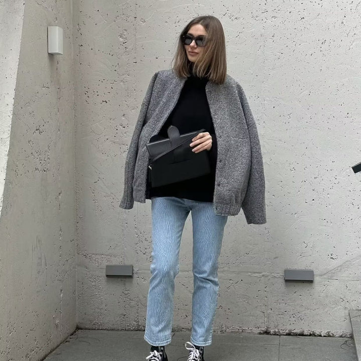 Damen nan boxy Wollmix-Blouson mit Stehkragen, verdeckter Frontleiste, Eingrifftaschen und elastischem Saum Drune