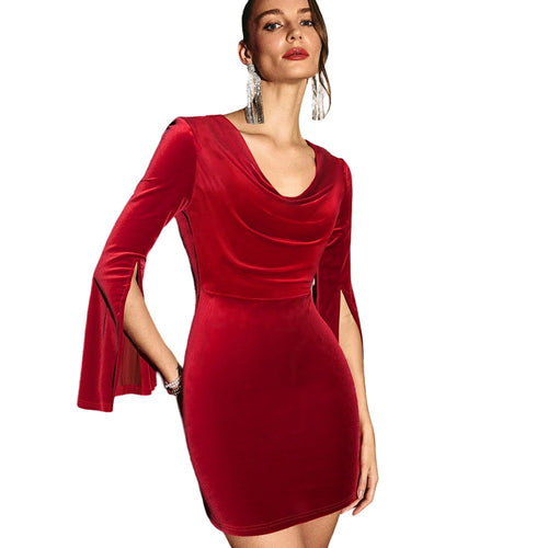 Damen Samt-Minikleid mit Cowl-Ausschnitt, taillierter Bodycon-Silhouette und geschlitzten Glockenärmeln Drune