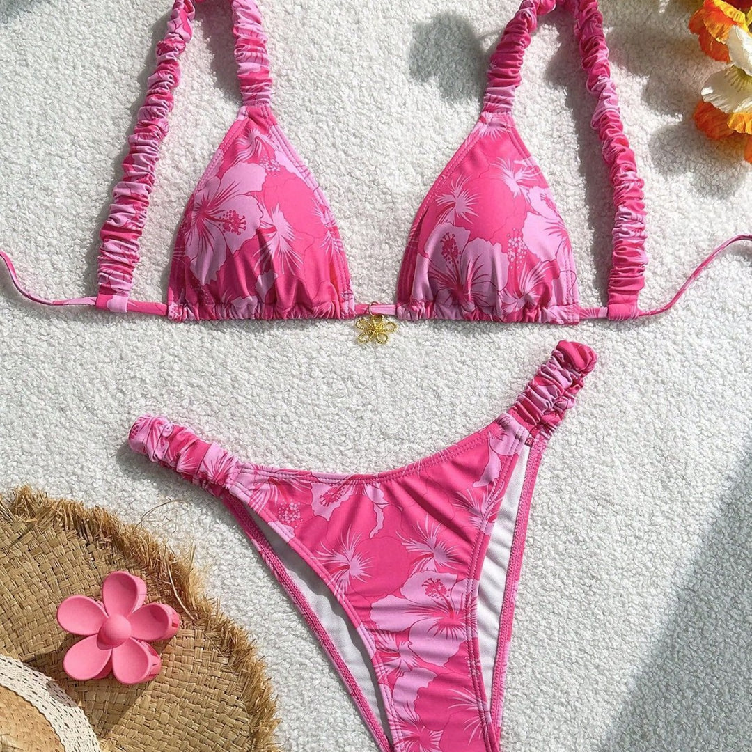 Damen Triangel-Bikini mit verstellbaren Bändern und buntem Blumenmuster Drune