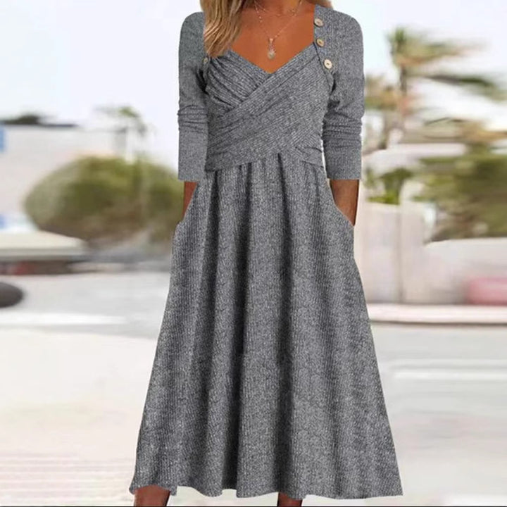 Damen nan legeres Strick-Maxikleid mit Wickeloberteil V-Ausschnitt Eingrifftaschen und Zierknopfleiste Drune