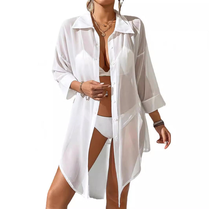 Damen lässige Strandbluse aus transparentem Stoff mit Knopfverschluss Drune