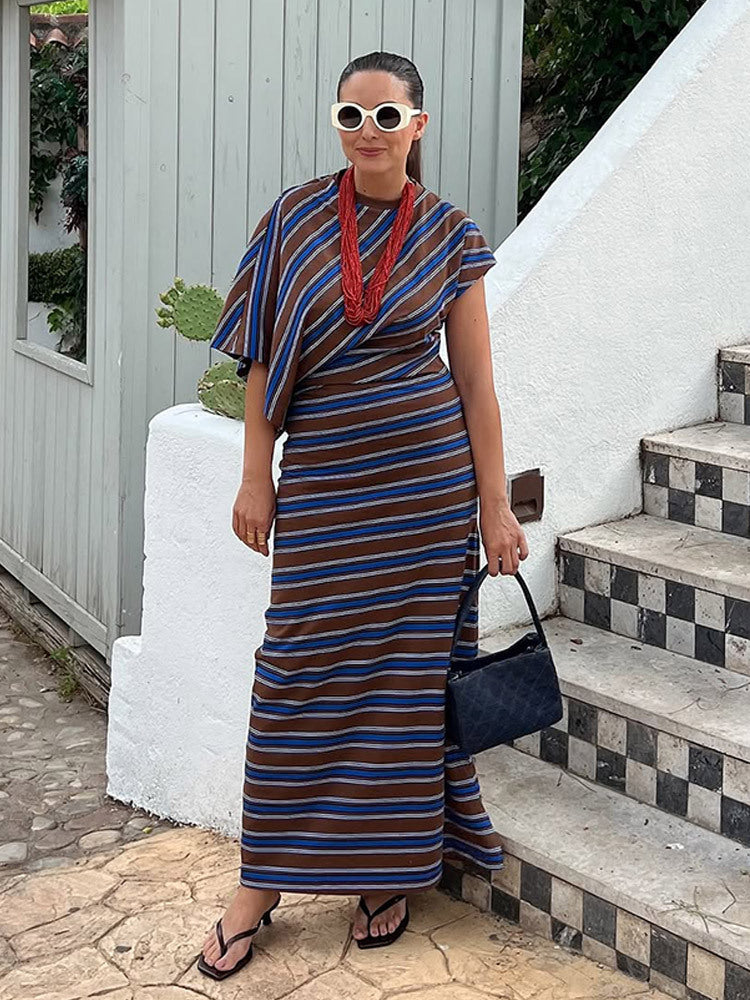 Damen Gestreiftes Maxikleid mit asymmetrischer Cape-Ärmelung & taillierter Silhouette Drune