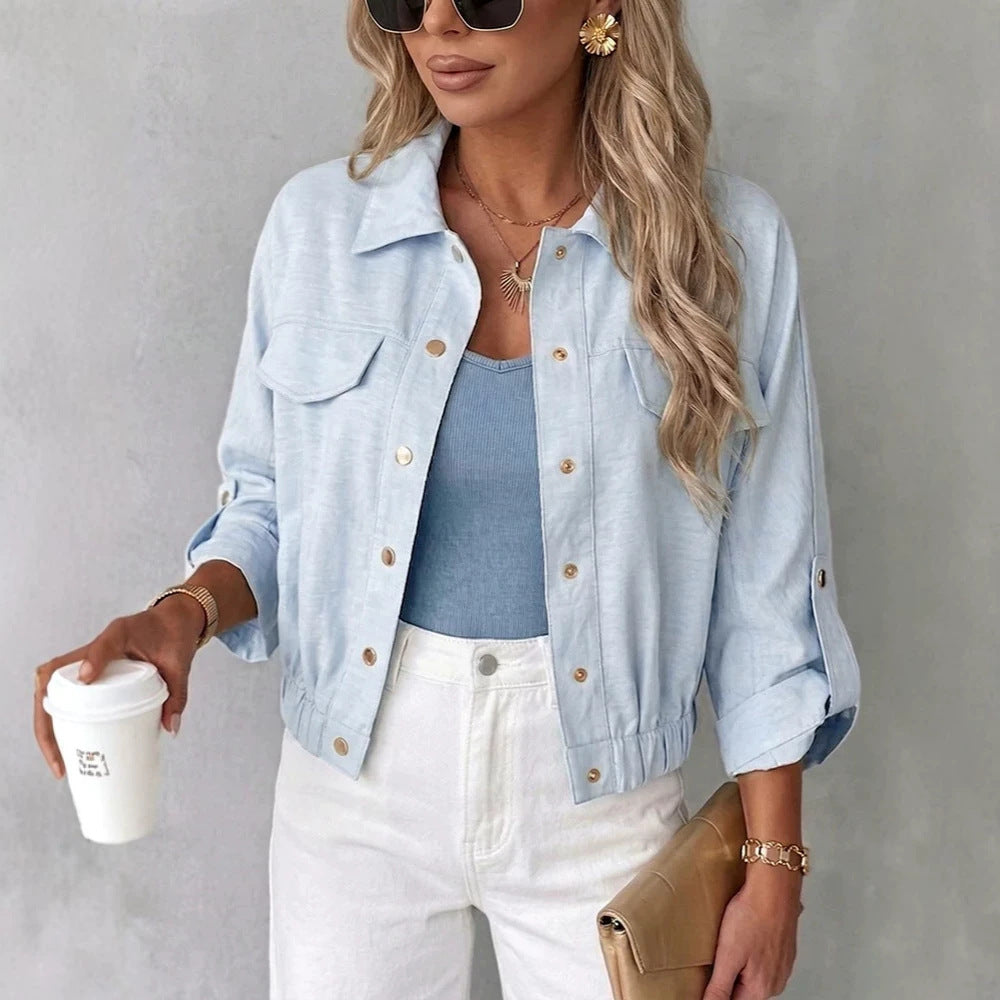 Damen Leichte Chambray-Boxy-Jacke mit Gummibund, Druckknöpfen und aufgesetzten Brusttaschen Drune