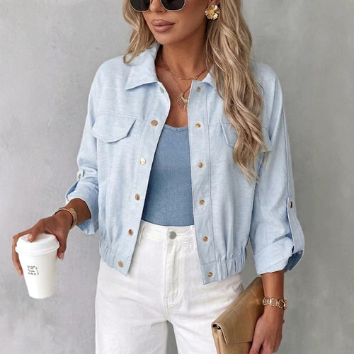 Damen Leichte Chambray-Boxy-Jacke mit Gummibund, Druckknöpfen und aufgesetzten Brusttaschen Drune