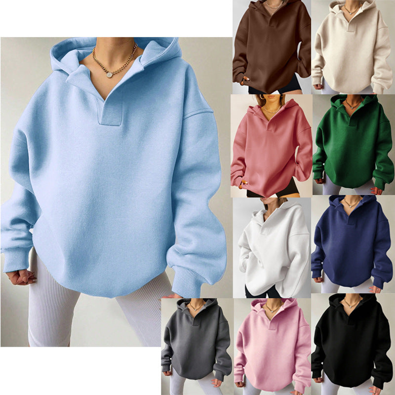 Damen Oversize-Kapuzenpullover aus schwerem Sweatstoff mit V‑Ausschnitt‑Detail und langen Rippbündchen Drune