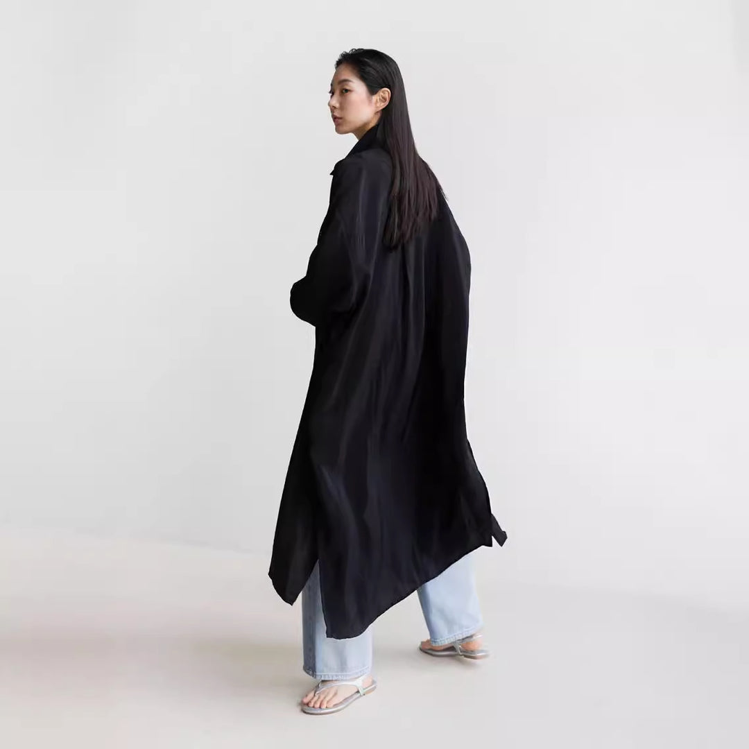 Damen Langer Satin‑Effekt Duster mit Stehkragen, Oversize‑Schnitt und tiefen Seitenschlitzen Drune