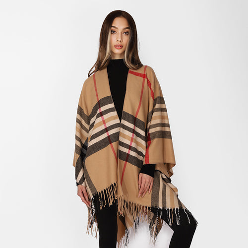 Damen Karierter Wollmix-Poncho mit Fransen und offenem Kimono-Schnitt Drune