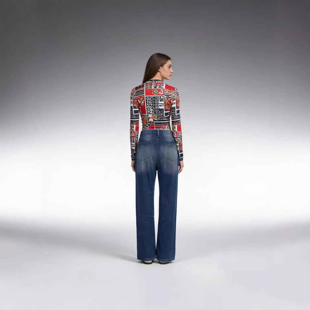 Damen nan hochgeschnittene Relaxed-Jeans mit weitem Bein, Knie-Rips und rohem Saum Drune