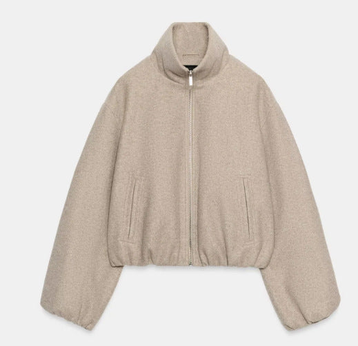 Damen Kurz geschnittene Bouclé‑Blousonjacke mit Stehkragen, elastischem Saum und Ballonärmeln Drune