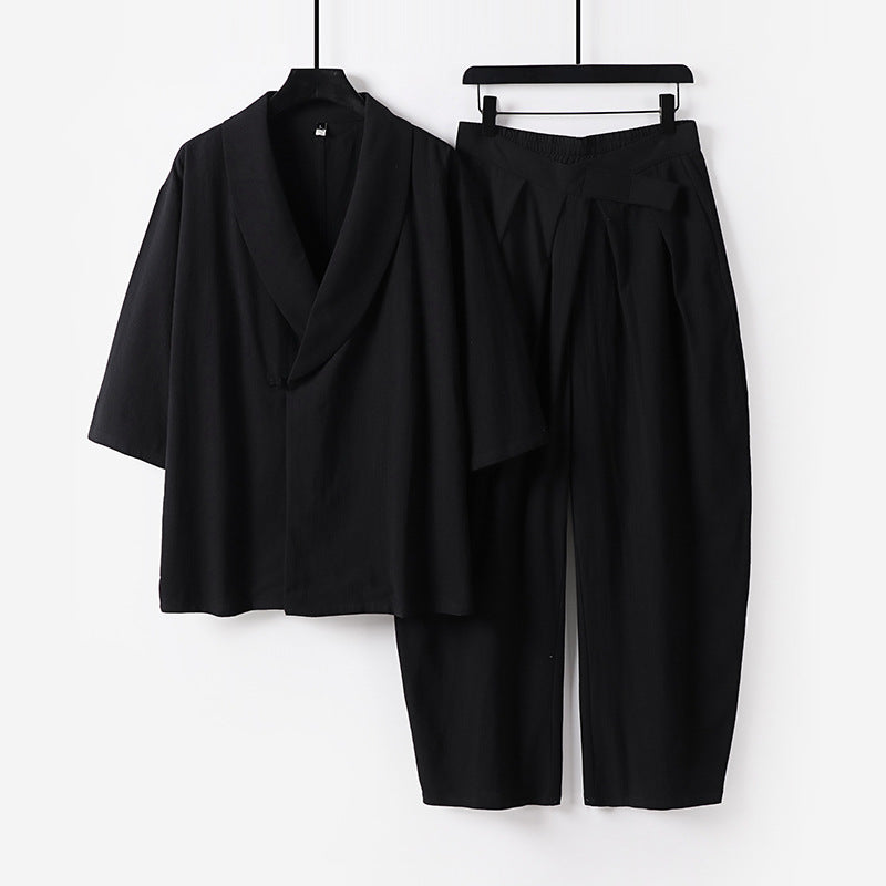 Damen Zweiteiliges Kimono-Loungewear-Set mit Schalkragen Kurzarm-Oberteil und hochtaillierter Plissee-Hose Drune