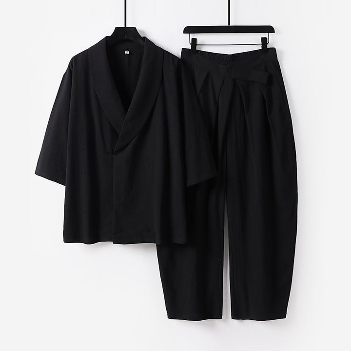 Damen Zweiteiliges Kimono-Loungewear-Set mit Schalkragen Kurzarm-Oberteil und hochtaillierter Plissee-Hose Drune