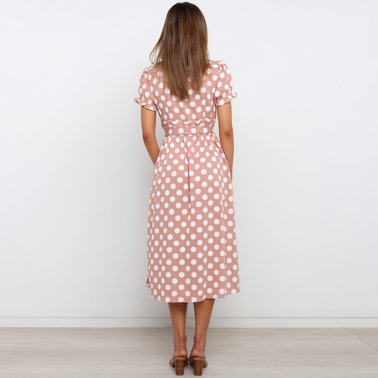Damen Polka Dot A-Linie Midi Kleid mit Bindegürtel Drune
