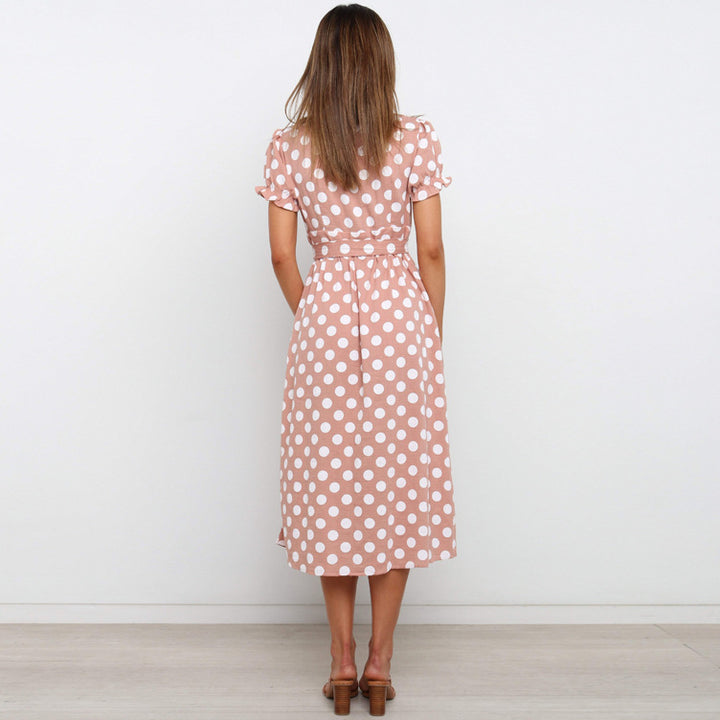 Damen Polka Dot A-Linie Midi Kleid mit Bindegürtel Drune