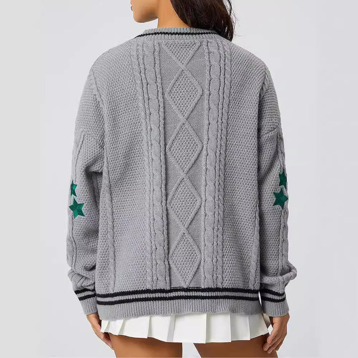 Damen Grobstrick-Cardigan mit dekorativen Sternen und kontrastierendem Bund Drune