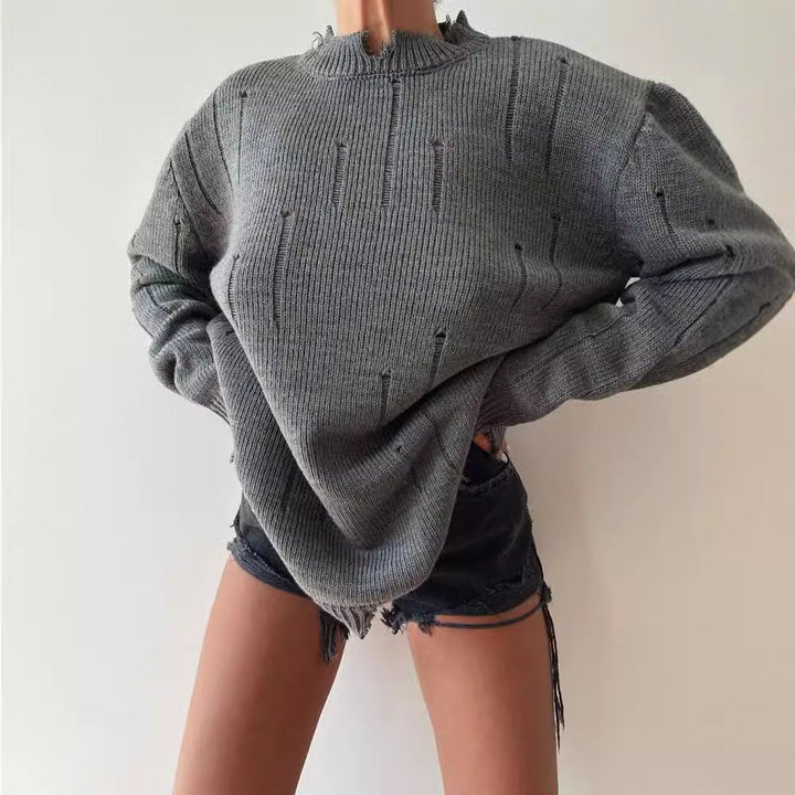Damen Oversized Grobstrickpullover mit Distressed-Details und geripptem Saum Drune