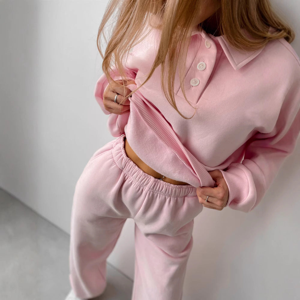 Damen Casual-Set aus schwerem French-Terry mit Polokragen-Cropped-Sweater und weitem High-Waist-Sweathose Drune