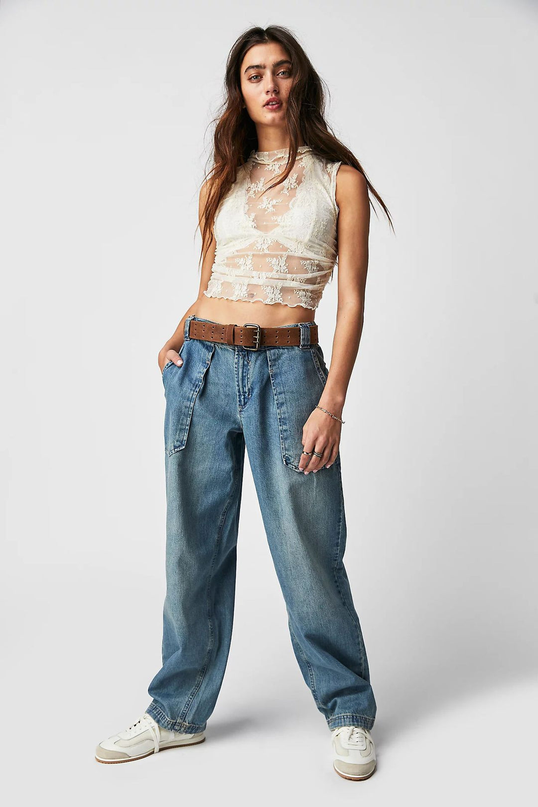 Damen nan weite High-Waist Baggy-Jeans mit tiefem Schritt, Five-Pocket Design und extra-langen Beinen Drune