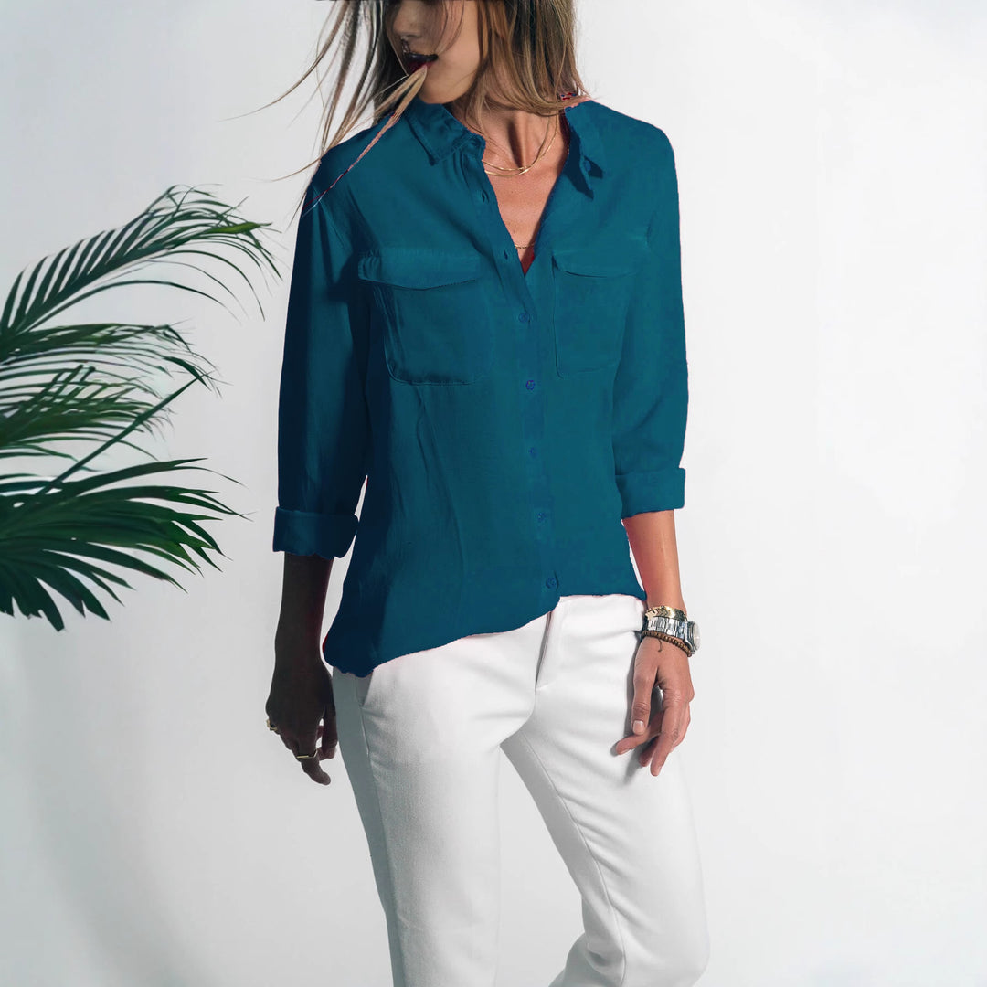 Damen Leichtes Hemd Bluse mit Brusttaschen und Lockerer Passform Drune