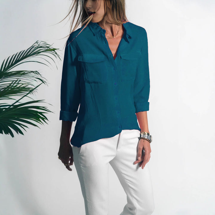 Damen Leichtes Hemd Bluse mit Brusttaschen und Lockerer Passform Drune