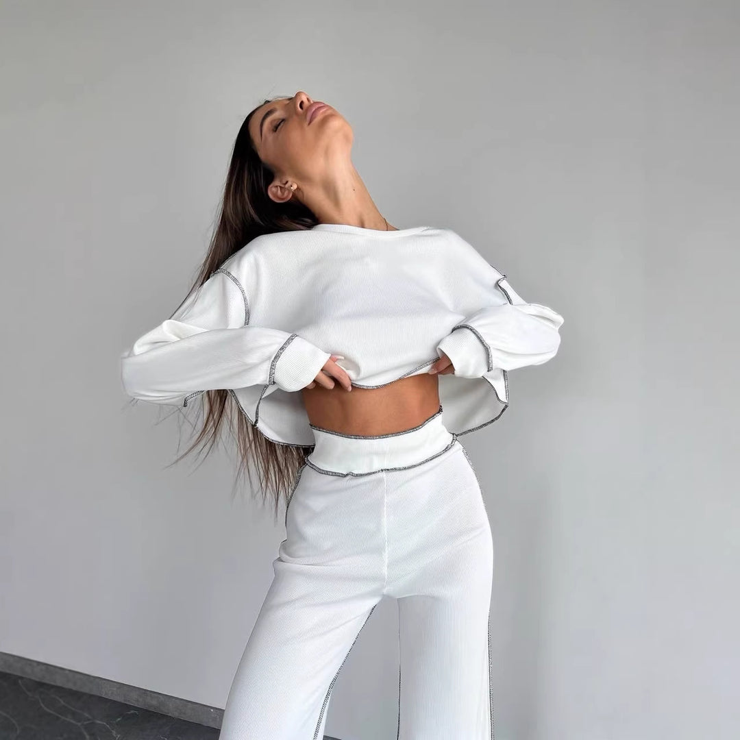 Damen Cropped Oversized-Sweatshirt mit Overlocknähten und High-Waist ausgestellter Hose Set Drune