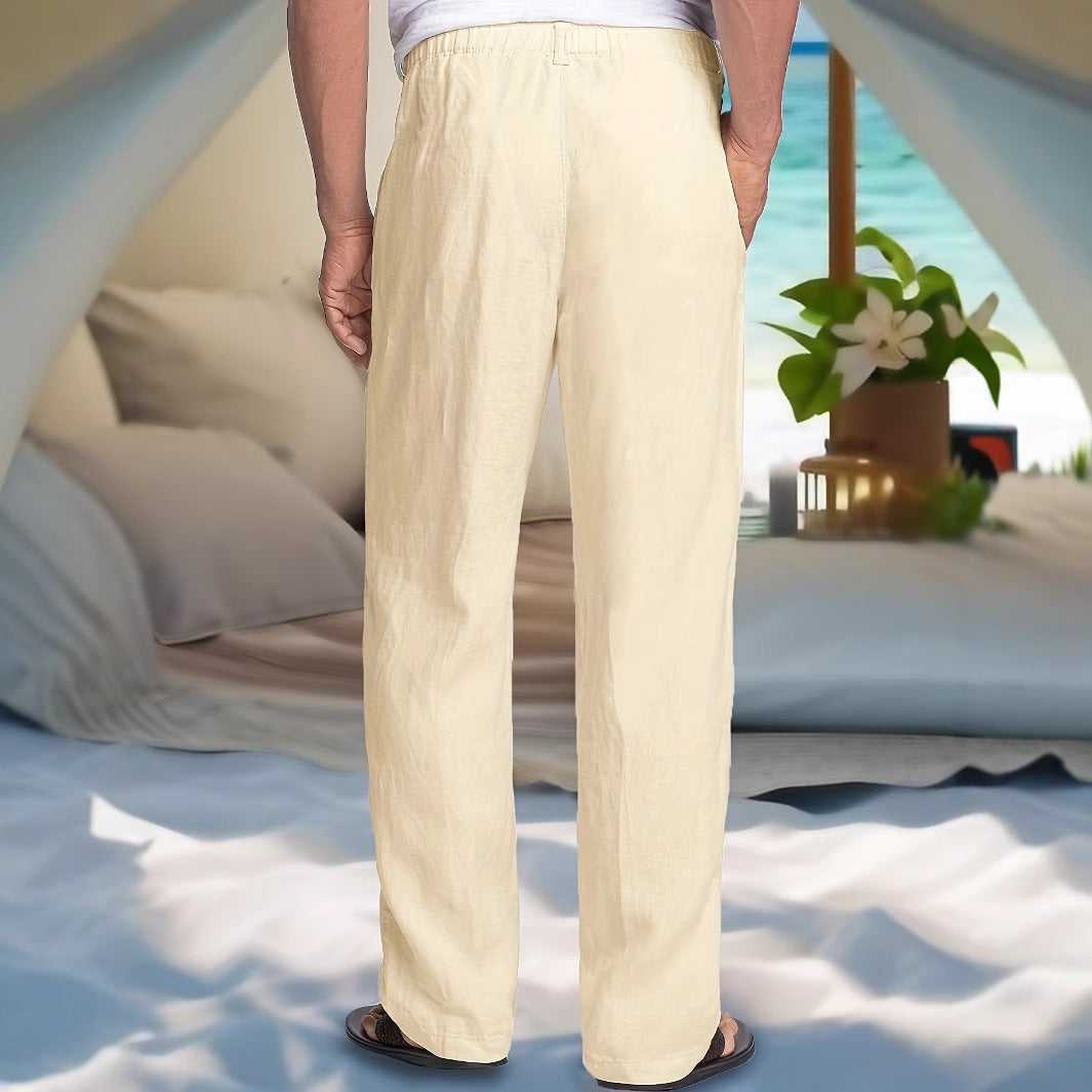 Herren Leichte Leinen-Baumwoll-Hose mit elastischem Bund, Kordelzug und geradem Bein Drune