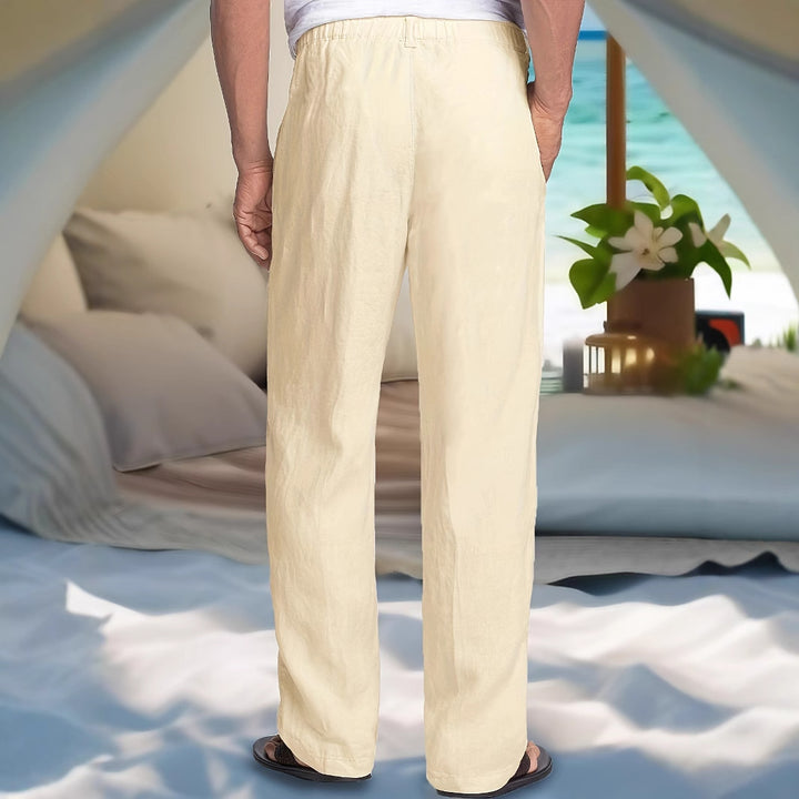 Herren Leichte Leinen-Baumwoll-Hose mit elastischem Bund, Kordelzug und geradem Bein Drune