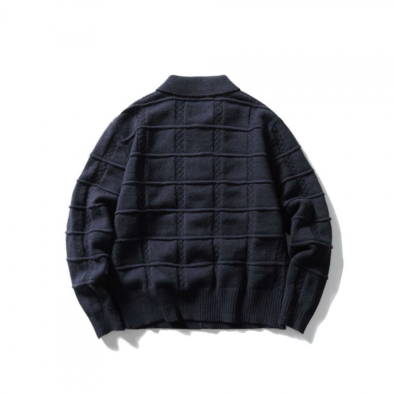 Unisex Kastenförmige Strickjacke mit Hemdkragen und strukturierter Karoprägung Drune