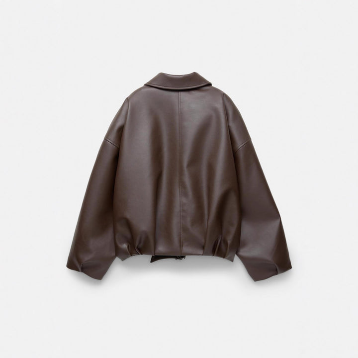 Damen lässige Kunstlederjacke mit breitem Kragen und Gürtel Drune