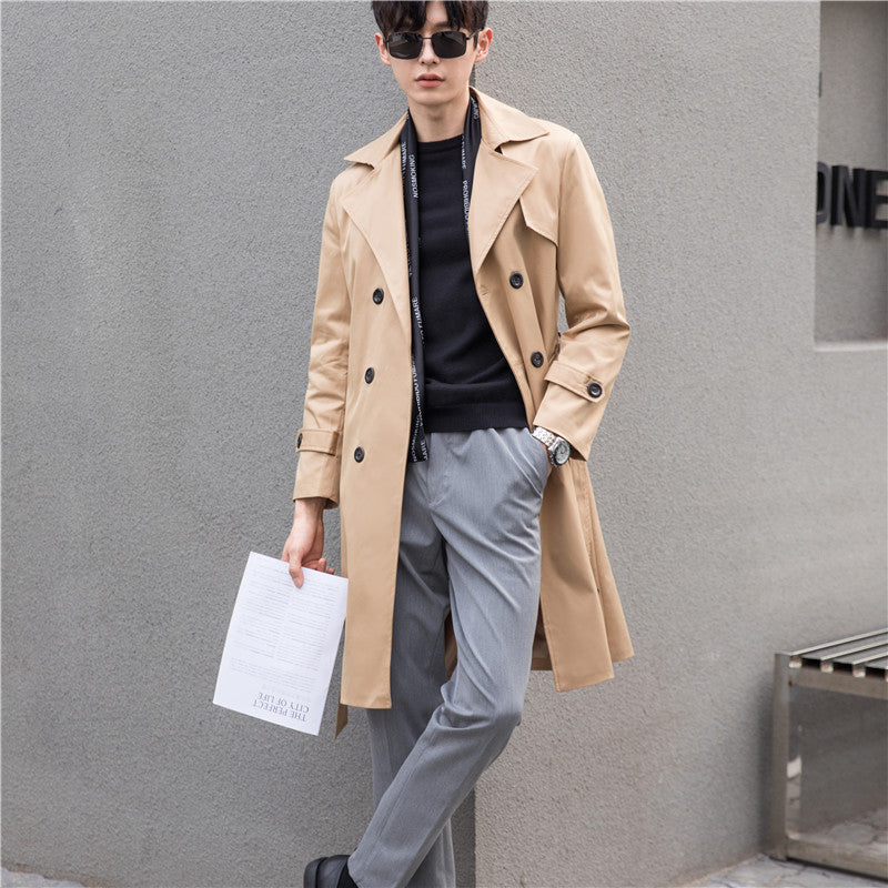 Herren Eleganter taillierter Trenchcoat mit doppelter Knopfleiste und Bindegürtel Drune