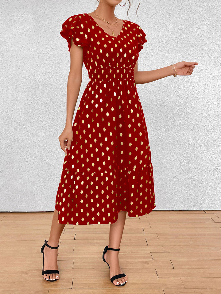 Damen Maxikleid mit Rüschendetails und schimmerndem Punktmuster Drune