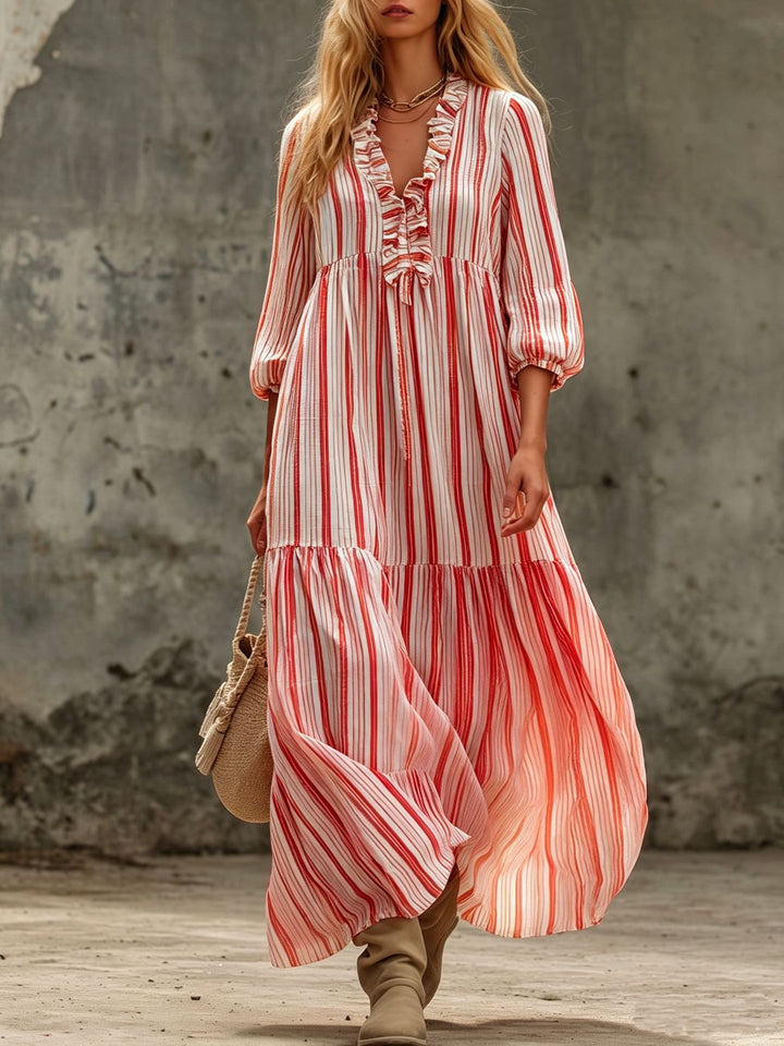 Damen Maxikleid mit Rüschen-V-Ausschnitt und Ballonärmeln Drune