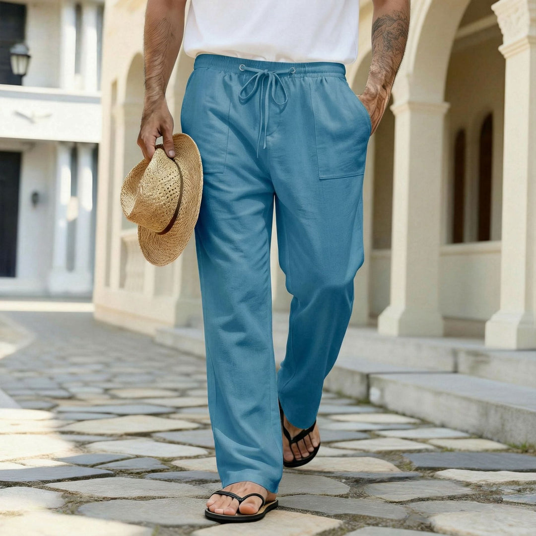 Herren leichte Leinenhose mit elastischem Bund und Kordelzug Drune