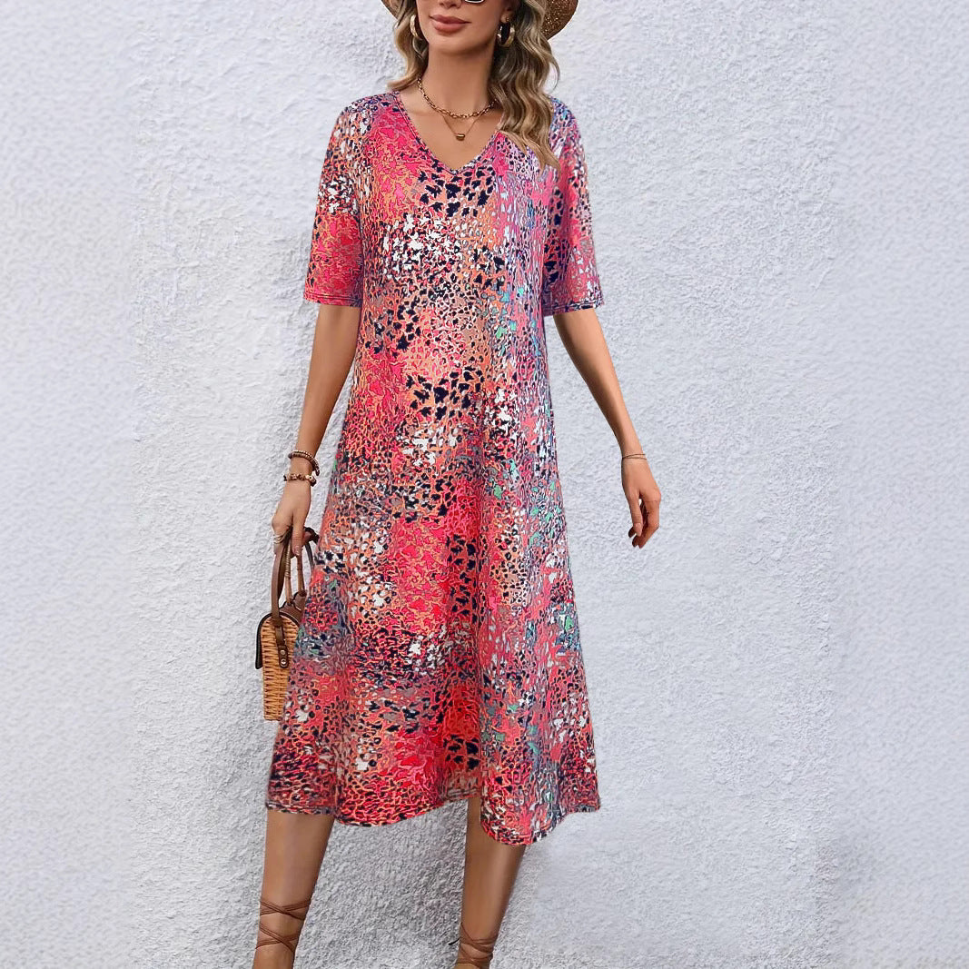 Damen V-Ausschnitt Midi-Kleid im lässigen Animal-Print Stil Drune