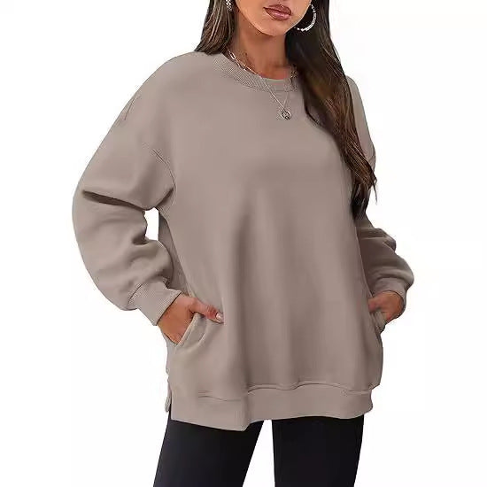 Damen nan lässiger Oversize-Sweatpullover mit seitlichen Eingrifftaschen, geripptem Saum und überschnittener Schulter Drune
