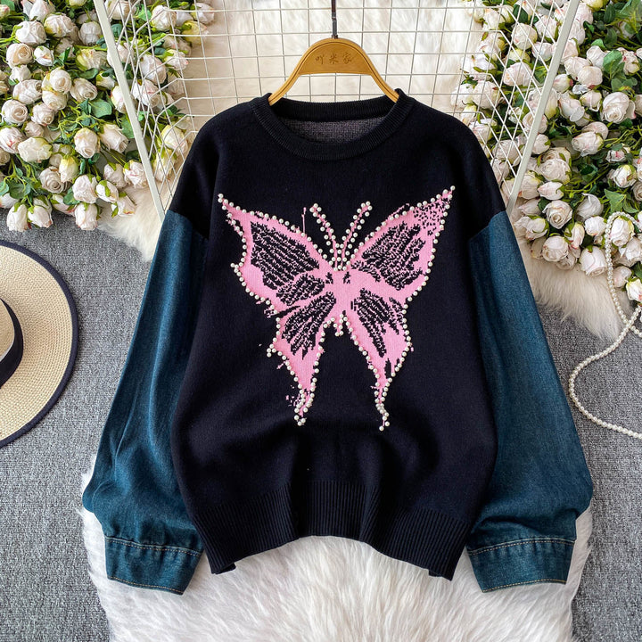 Damen Eleganter Pullover mit Schmetterlingsmotiv und Denim-Ärmeln Drune