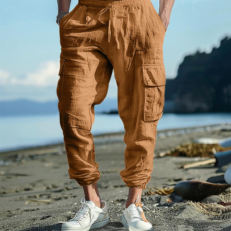 Herren nan lässige Cargohose im Joggerstil mit Crinkle-Leinenoptik Kordelbund und Mehrfachtaschen Drune