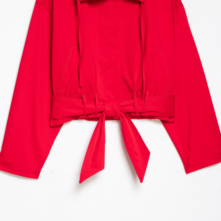 Damen Cropped Übergangsjacke mit Tunnelzugtaillierung, weitem Hemdkragen und Bindegürtel Drune