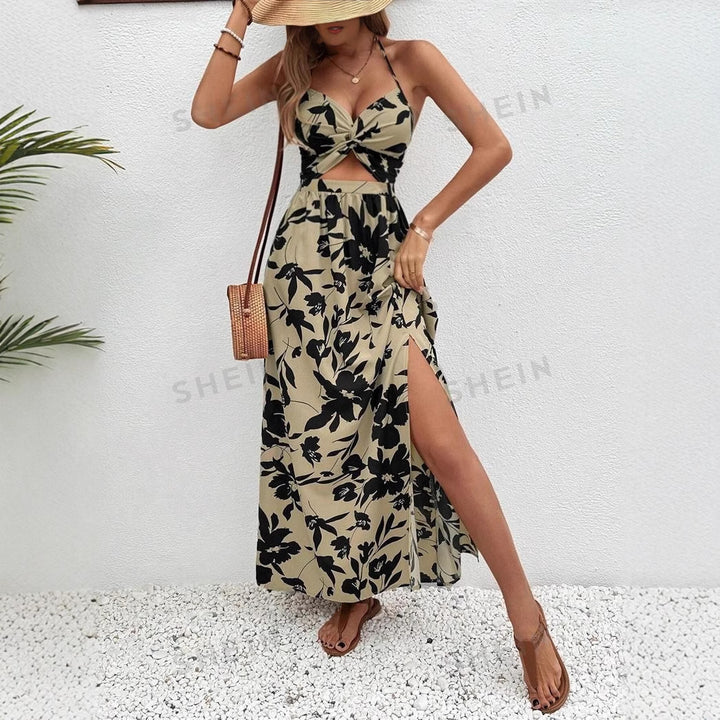 Damen Maxikleid mit floralem Cut-Out-Design und seitlichem Schlitz Drune