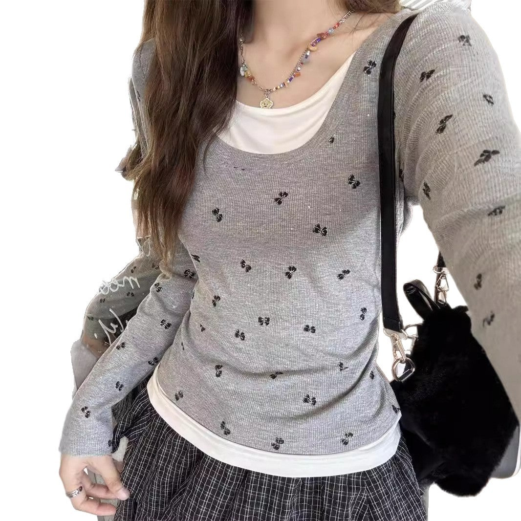 Damen modisches Langarmshirt mit floralem Strukturmuster Drune