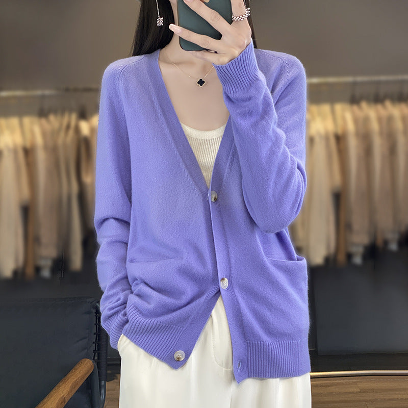Damen Lässiger Feinstrick-Cardigan mit V‑Ausschnitt, Eingrifftaschen und breitem Rippbund Drune