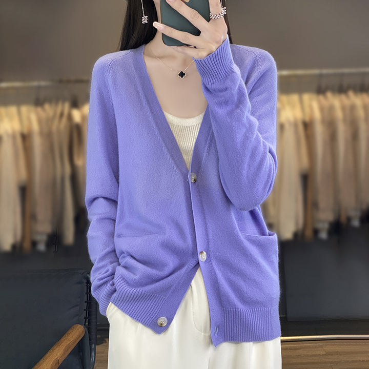 Damen Lässiger Feinstrick-Cardigan mit V‑Ausschnitt, Eingrifftaschen und breitem Rippbund Drune