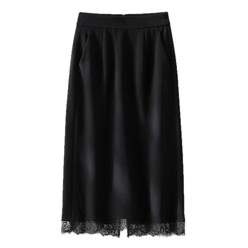 Damen Midirock aus Satin mit Spitzenbesatz und Seitentaschen Drune