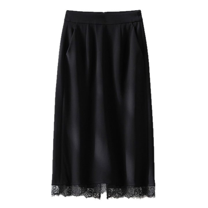 Damen Midirock aus Satin mit Spitzenbesatz und Seitentaschen Drune